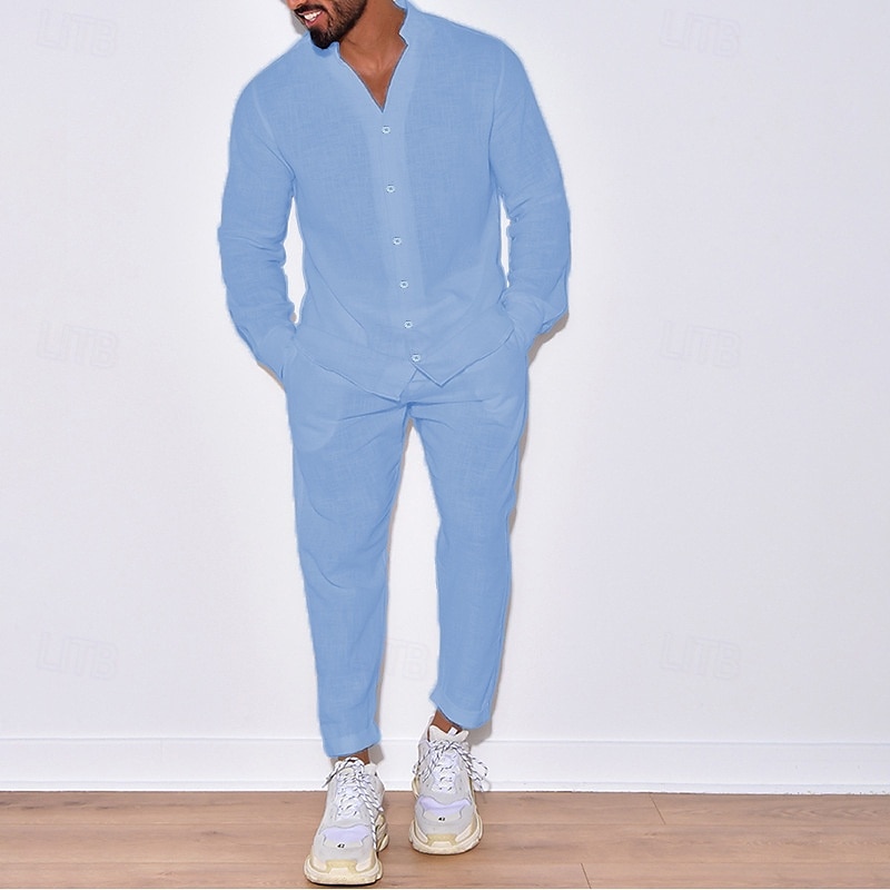 Per uomo 2 pezzi Completo di camicia Camicia estiva Set abbinati Camicia da spiaggia Camicia con bottoni Liscio Da mare Informale Nero Bianco Blu marino Blu Manica lunga Colletto Primavera estate del 2025 a $39.99 –P6