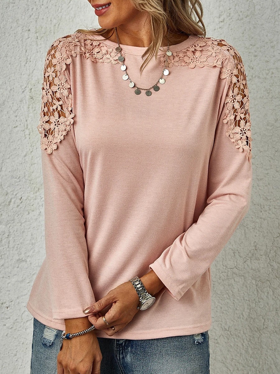 Mujer Camisa Blusa Color sólido Básico Casual Manga Larga Cuello Barco Tops regulares Diario Encaje Retazos Rosa Morado Gris Otoño Invierno 2025 - $21.99 –P5
