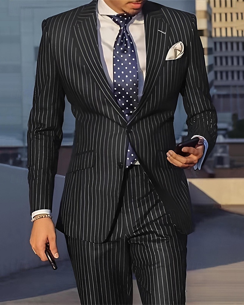 Herr Uppsättning Kavaj Företag Cocktailfest Bröllopsfest Mode Ledigt Vår & Höst Polyester Rand Knappar Ficka Bekväm Enkelknäppt Blazer Svart Marinblå 2025 - $97.99 –P2