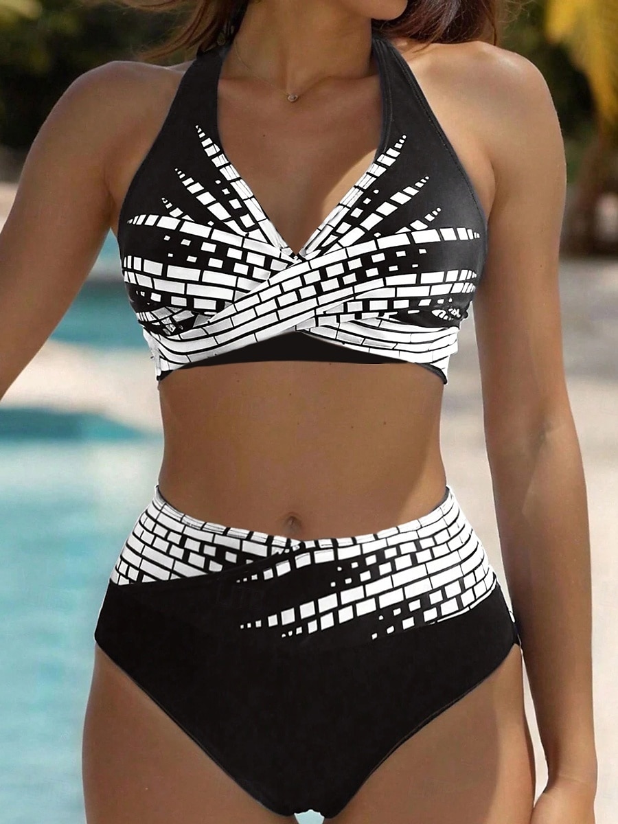 Női fürdőruhák bikini 2 részes pici fürdőruha hátsó nélküli nyaralás tengerparti viselet geometrikus pánt nélküli ujjú fürdőruhák 2025 - $29.99 –P1