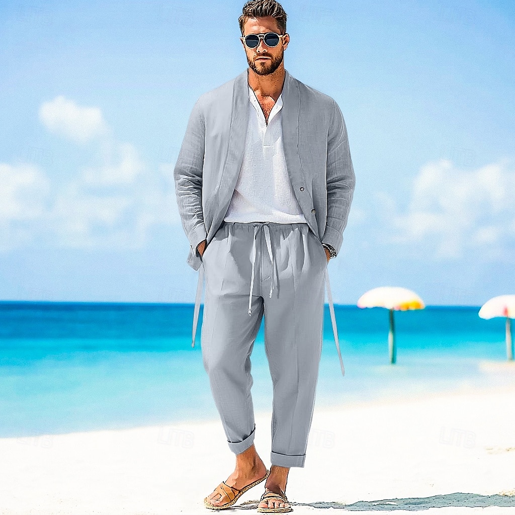 Voor heren 2-delig Overhemdset Bijpassende sets Normaal shirt Effen Dagelijks Uitgaan Zwart Licht Grijs Leger Groen Donkergrijs Lange mouw Zonder Kraag Lente zomer Kleding Elastische tailleband 2025 - $46.99 –P1