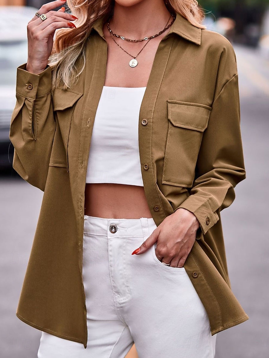 Dames Overhemd Effen Kleur Stijlvol Casual Lange mouw Overhemdkraag Normale tops Feest Werk Dagelijks Zak Leger Groen Rood Kameel Lente Herfst Winter 2025 - $24.99 –P6
