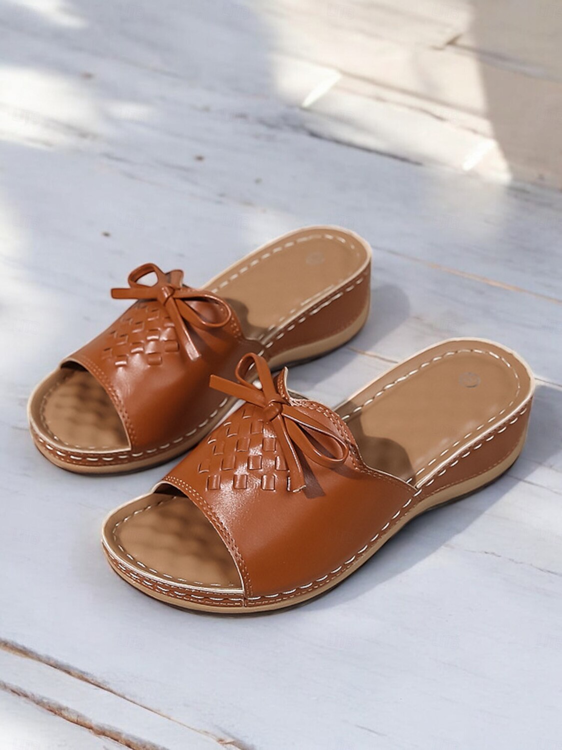 Women's Brown Open-Toe Slide Sandals with Woven Pattern and Bow Detail - Comfortable Casual Footwear for Summer and Daily Wear 2025 - $26.99 –P3