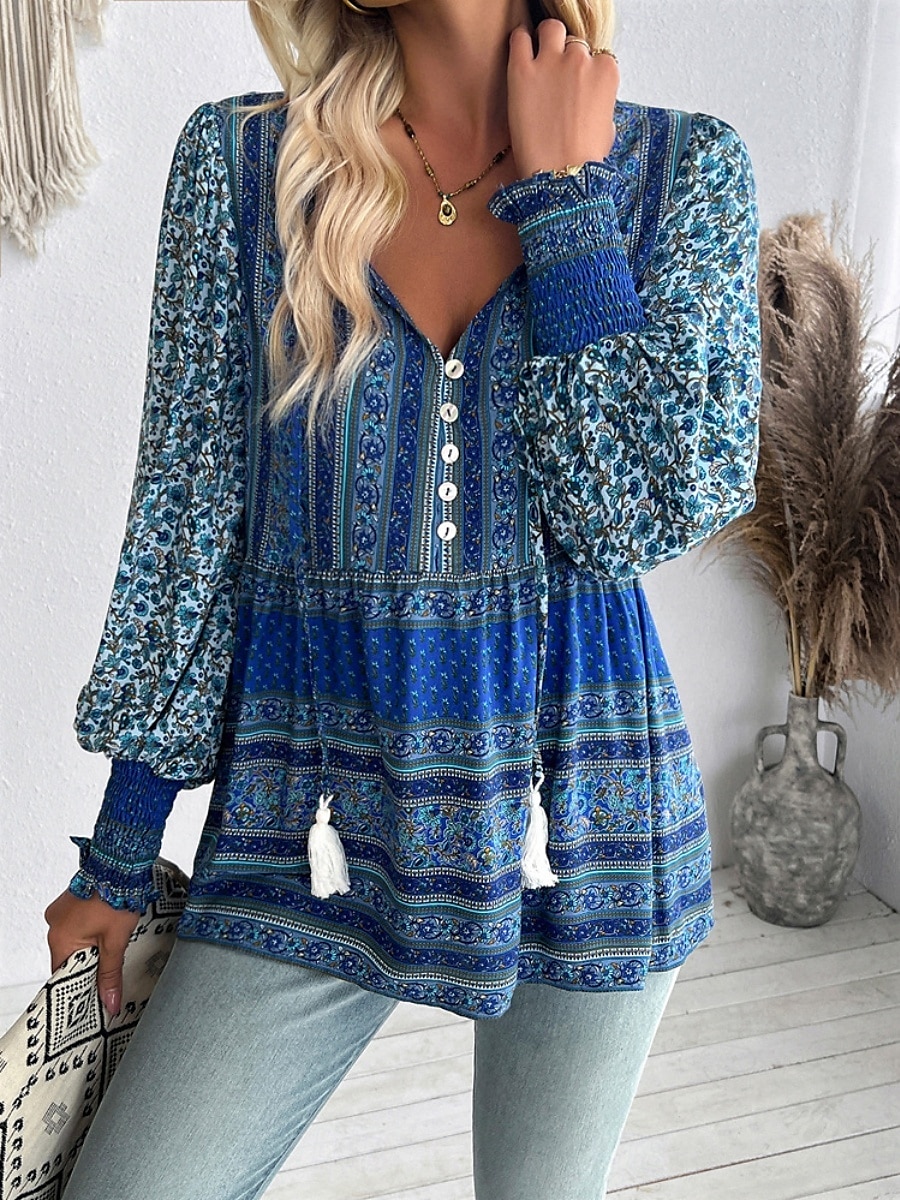 Dames Overhemd Blouse Bloemig Bohemen Casual Lange mouw V-hals Normale tops Dagelijks Afdrukken blauw Fuchsia Lente Herfst 2025 - $34.99 –P6