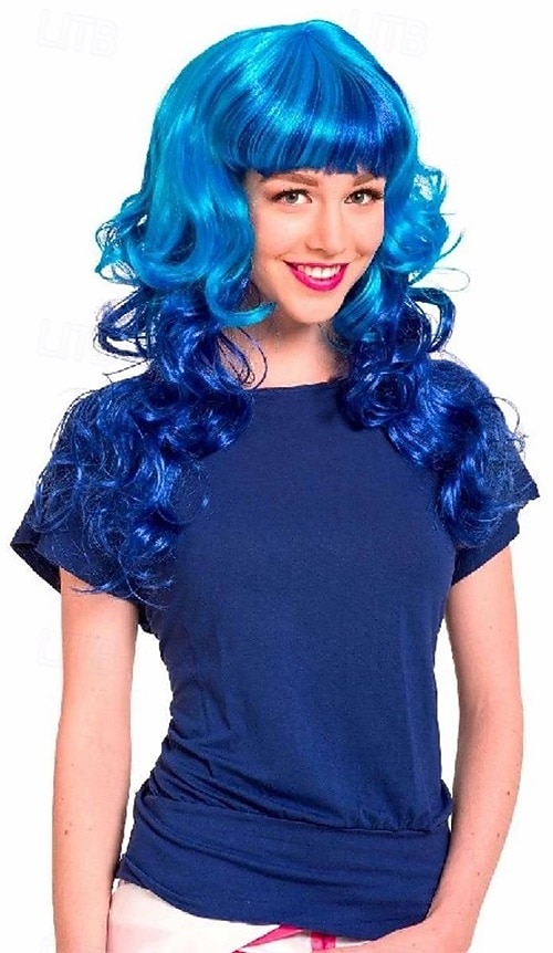 parrucca lunga con frangia e capelli ricci blu neon per carnevale del 2025 a $29.99 –P1