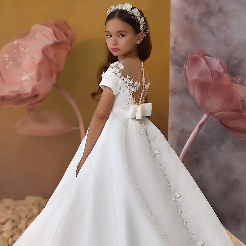 Blumenmädchenkleid Mädchen Kleid für die Erstkommunion Party Kleid Leistung Hochzeit Party Prinzessin Süß Gitter Feste Farbe Ärmellos Schulterfrei Elfenbein Kinder 2025 - $102.99 –P3