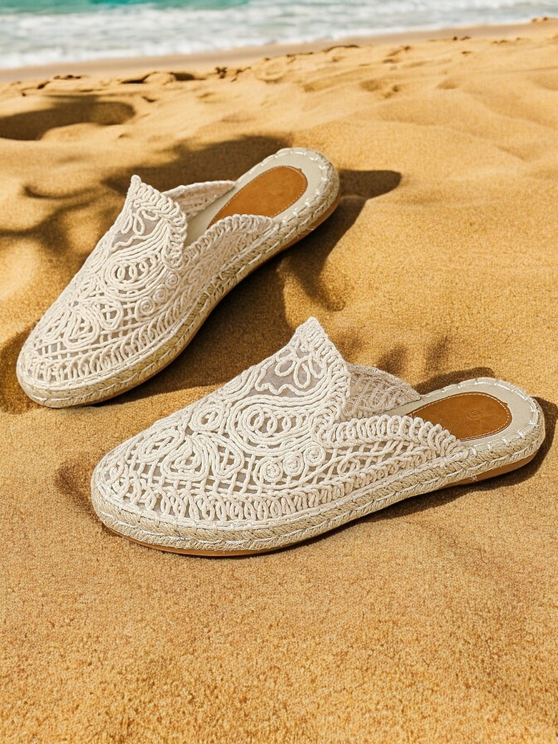 női kék horgolt espadrill lapos hálós részlettel, bohó stílusú bebújós nyári cipő strandra és hétköznapi viseletre 2025 - $42.99 –P3