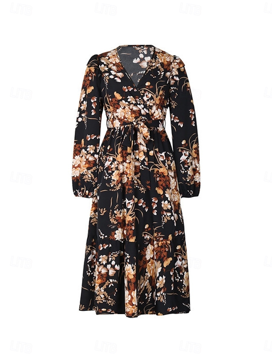 Per donna Vestito longuette Abito casual Vestito svasato Abito linea A Moda Informale Da mare Giornaliero Standard Floreale Manica lunga A V Nero Primavera Autunno del 2025 a $51.99 –P8