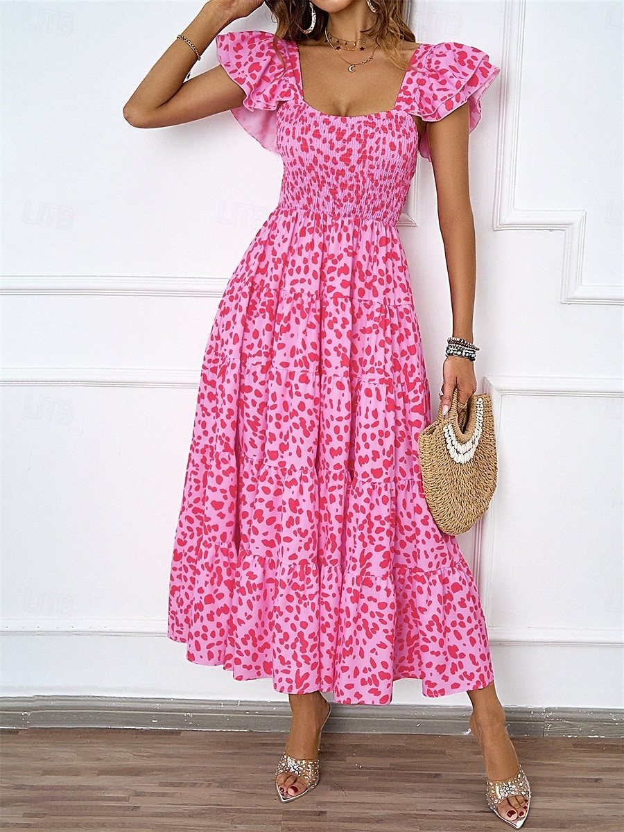 فستان نسائي متوسط الطول برقبة مربعة وأكمام قصيرة للصيف والربيع 2025 - $52.99 –P12