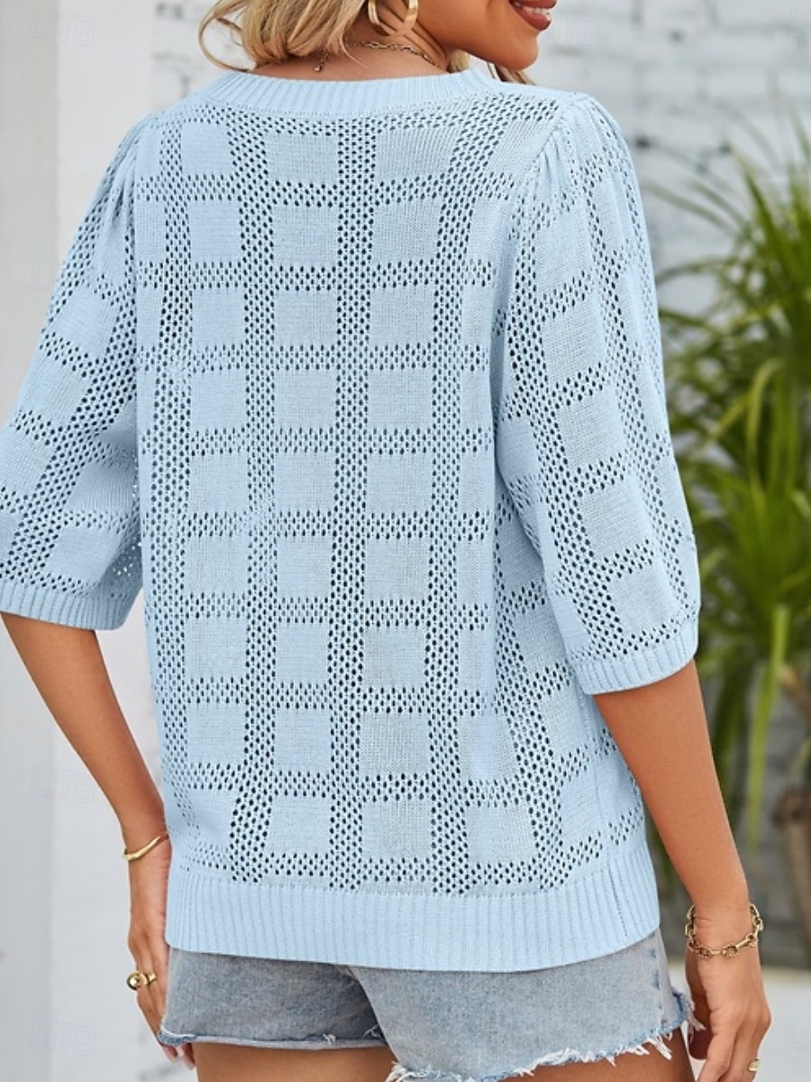 2025年 女性用 ニット カジュアル ソフト ピュアカラー リブ クルーネック ニット 七分袖 レギュラートップス ニット アウトドア 日常 週末 ホワイト ピンク 春 秋  コレクション – $27.99 –P14