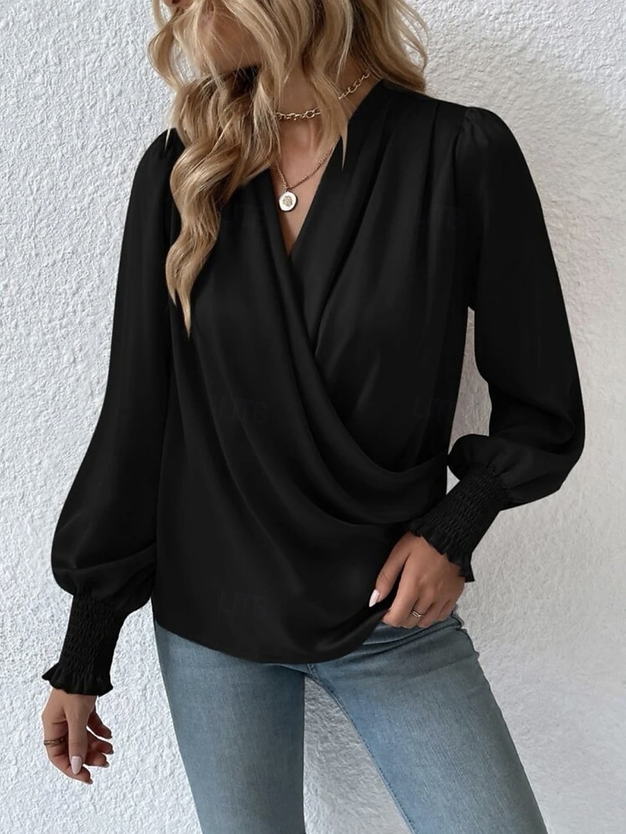 Dames Overhemd Blouse Effen Kleur Zakelijk Modern Casual Lange mouw V-hals Normale tops Werk Formele kleding Met ruches Zwart Blozend Roze Zomer Lente 2025 - $29.99 –P9