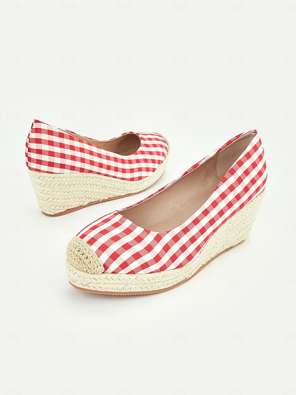 Women's Red Gingham Espadrille Wedge Heels with Crochet Toe Cap, Vintage Style Summer Shoes for Casual and Vacation Wear 2025 - $42.99 –P3