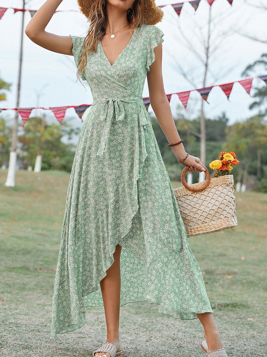 Dames Maxi-jurk Casual jurk Boho chique jurken Bohemen leuke Style Stijlvol Flutter mouw Vakantie Dagelijks Strand Ruim Passend Grafisch Korte mouw V-hals Groen Donkerblauw Zomer Lente 2025 - $43.99 –P2