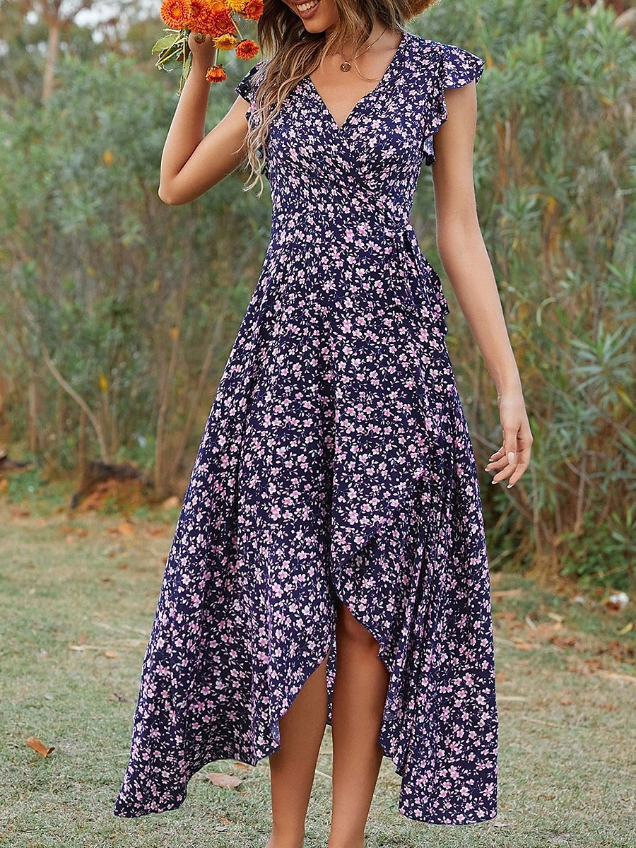 Dames Maxi-jurk Casual jurk Boho chique jurken Bohemen leuke Style Stijlvol Flutter mouw Vakantie Dagelijks Strand Ruim Passend Grafisch Korte mouw V-hals Groen Donkerblauw Zomer Lente 2025 - $43.99 –P10