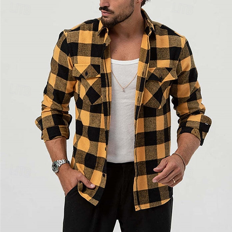Men's Shirt Summer Shirt Casual Shirt Beach Shirt Button Up Shirt Overshirt Yellow Blue Long Sleeve Plaid Lapel Vacation Hawaiian Button-Down Clothing Apparel Fashion Casual Comfortable 2025 - $25.99 –P6