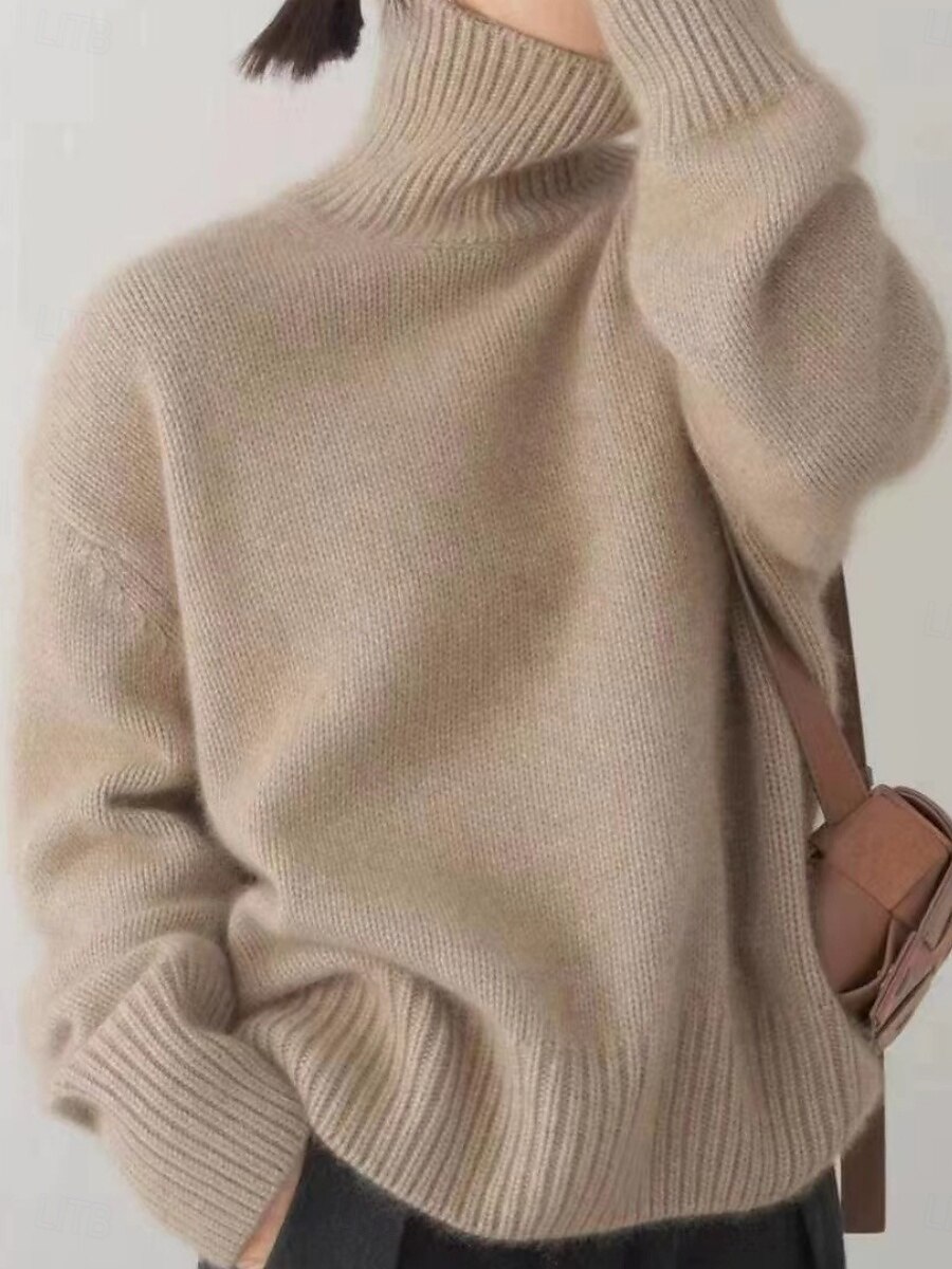 Dame Genser Fritid Myk Ren farge Riflet Rullekrage Strikket Langermet Vanlige topper Strikke utendørs Daglig Helg Kamel Beige Høst Vinter 2025 - $51.99 –P3