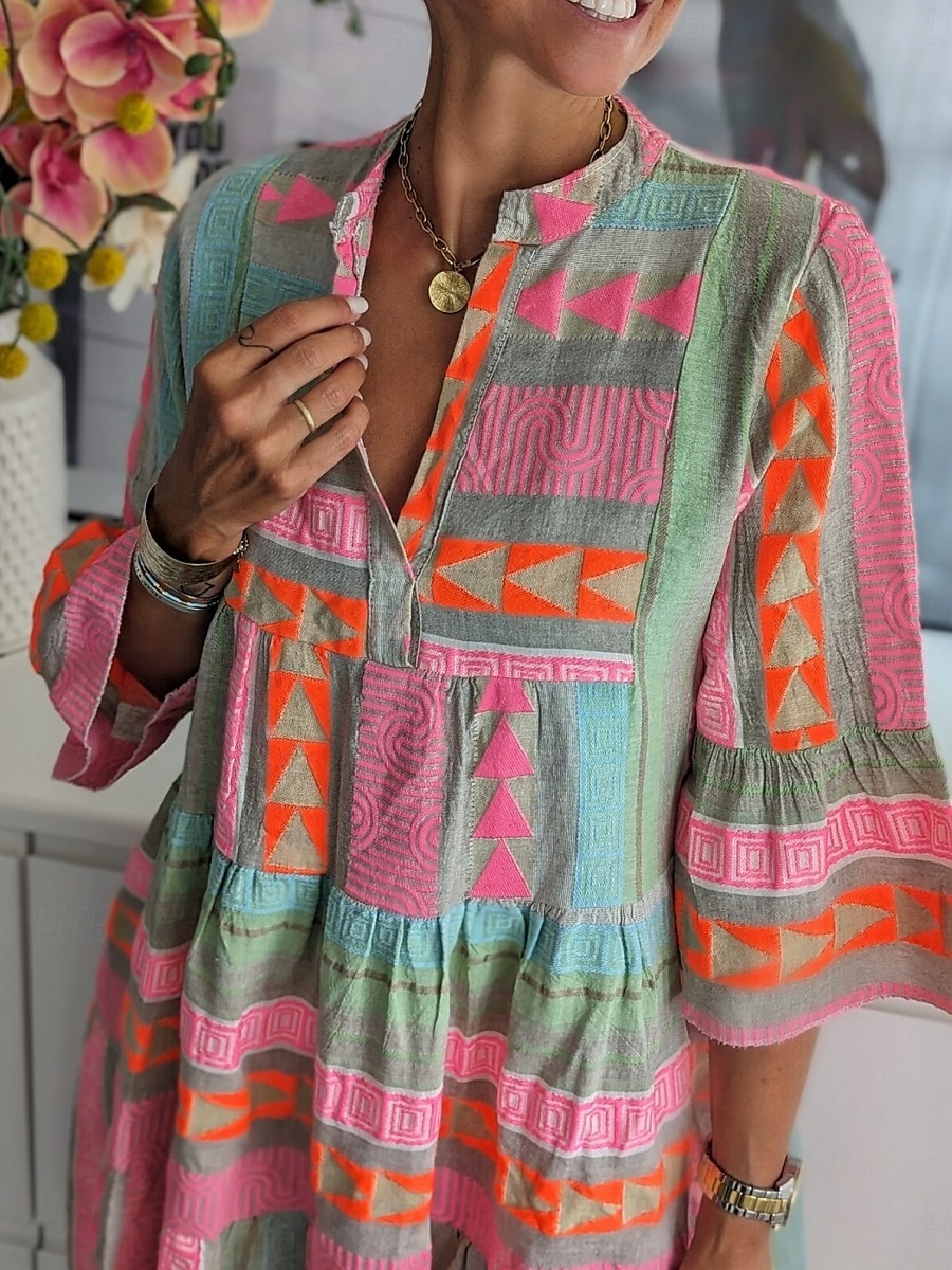 Dámské Mini šaty Volnočasové šaty Swingové šaty Boho šaty Na běžné nošení Denní Běžný Geometrický 3/4 délka rukávu Do V Světlá růžová Léto Jaro Podzim 2025 - $35.99 –P3