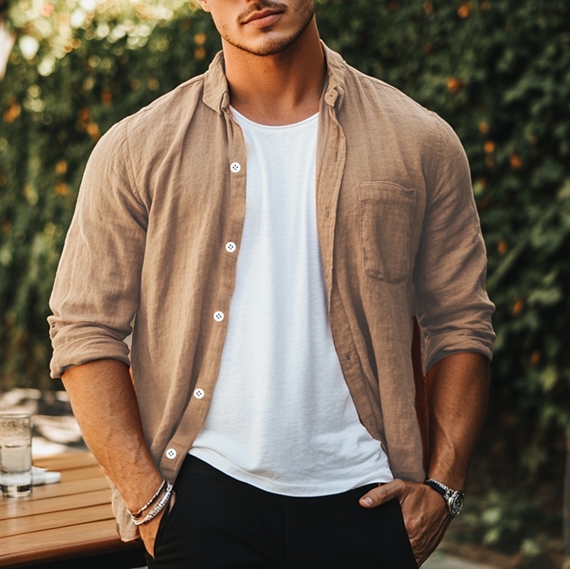 Per uomo Camicia camicia di lino Camicia estiva Camicia da spiaggia Tinta unica Esterno Da mare Nero Verde Cachi Grigio Manica lunga Collo ripiegabile Primavera & Autunno Abbigliamento Bottone giù del 2025 a $7.39 –P2