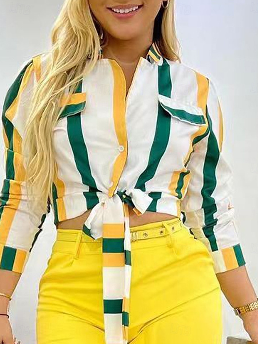 Damen Hemd Bluse Gestreift Basic Brautkleider schlicht 3/4 Ärmel Hemdkragen Normale Oberteile Täglich Spitze Rüsche Patchwork Rote Purpur Grün Sommer Frühling 2025 - $29.99 –P1
