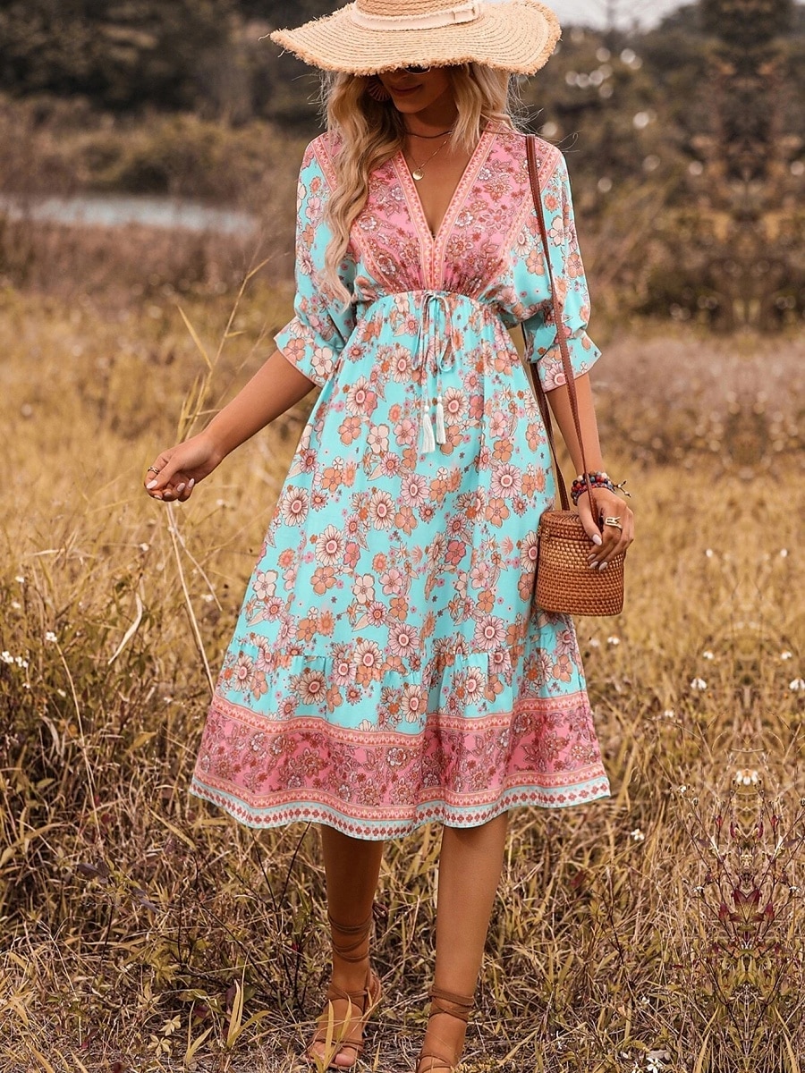 Women's Midi Dress Casual Dress A Line Dress Boho Dress Boho Wedding Guest Dress Ethnic Casual Vacation Daily Regular Fit Floral 3/4 Length Sleeve V Neck Black Navy Blue Light Blue Spring Fall 2025 - $35.99 –P3