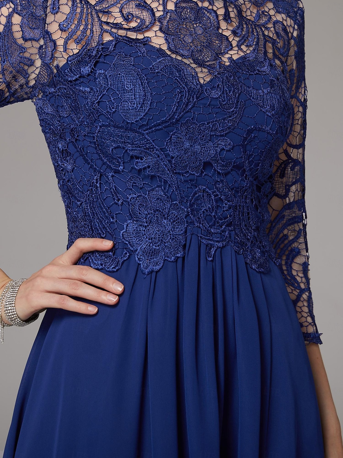 A-Linien-Kleid, elegantes Kleid für die Mutter der Braut, hoher Schlitz, U-Boot-Ausschnitt, bodenlang, Chiffon, 3/4-Ärmel mit Spitzenapplikationen, 2025 2025 - $150.99 –P8