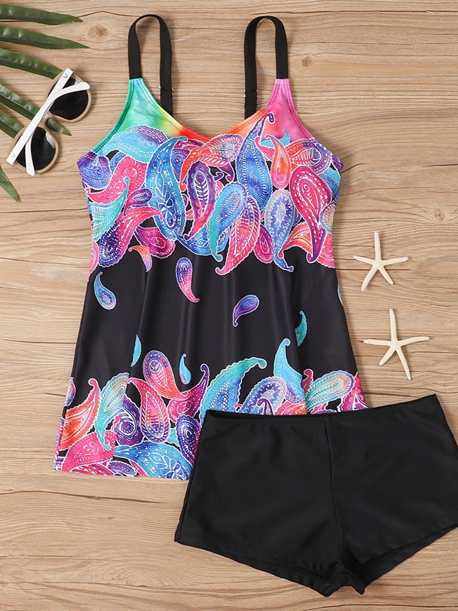 Dam Badkläder Tankini 2 st Pojkeben Baddräkt Öppen rygg Hög midja Semester Standkläder Paisley V-hals Ärmlös Baddräkter 2025 - $28.99 –P2