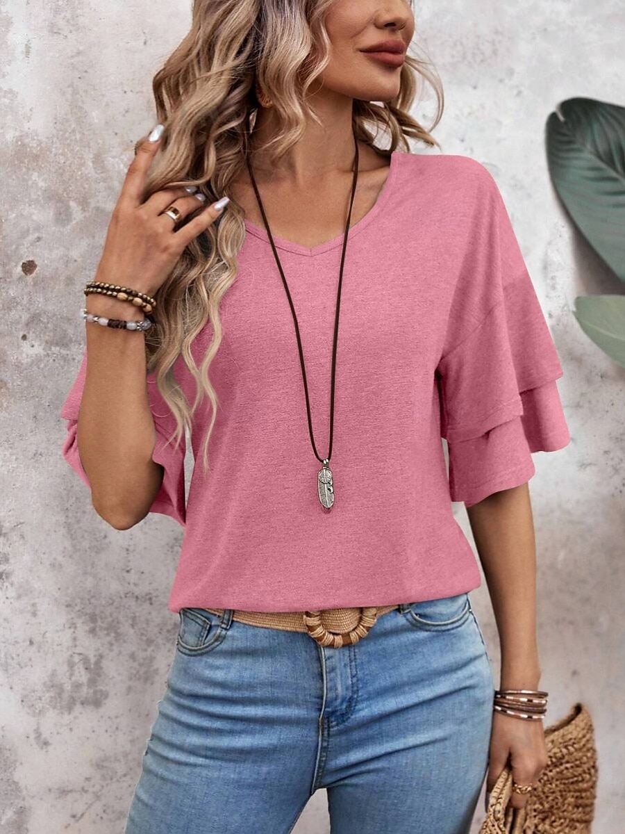 Dame T skjorte عادي Mote Moderne Fritid 3/4 ermer V-hals Vanlige topper Daglig Helg Drapering Rosa Navyblå Kakifarget Sommer Vår 2025 - $29.99 –P11