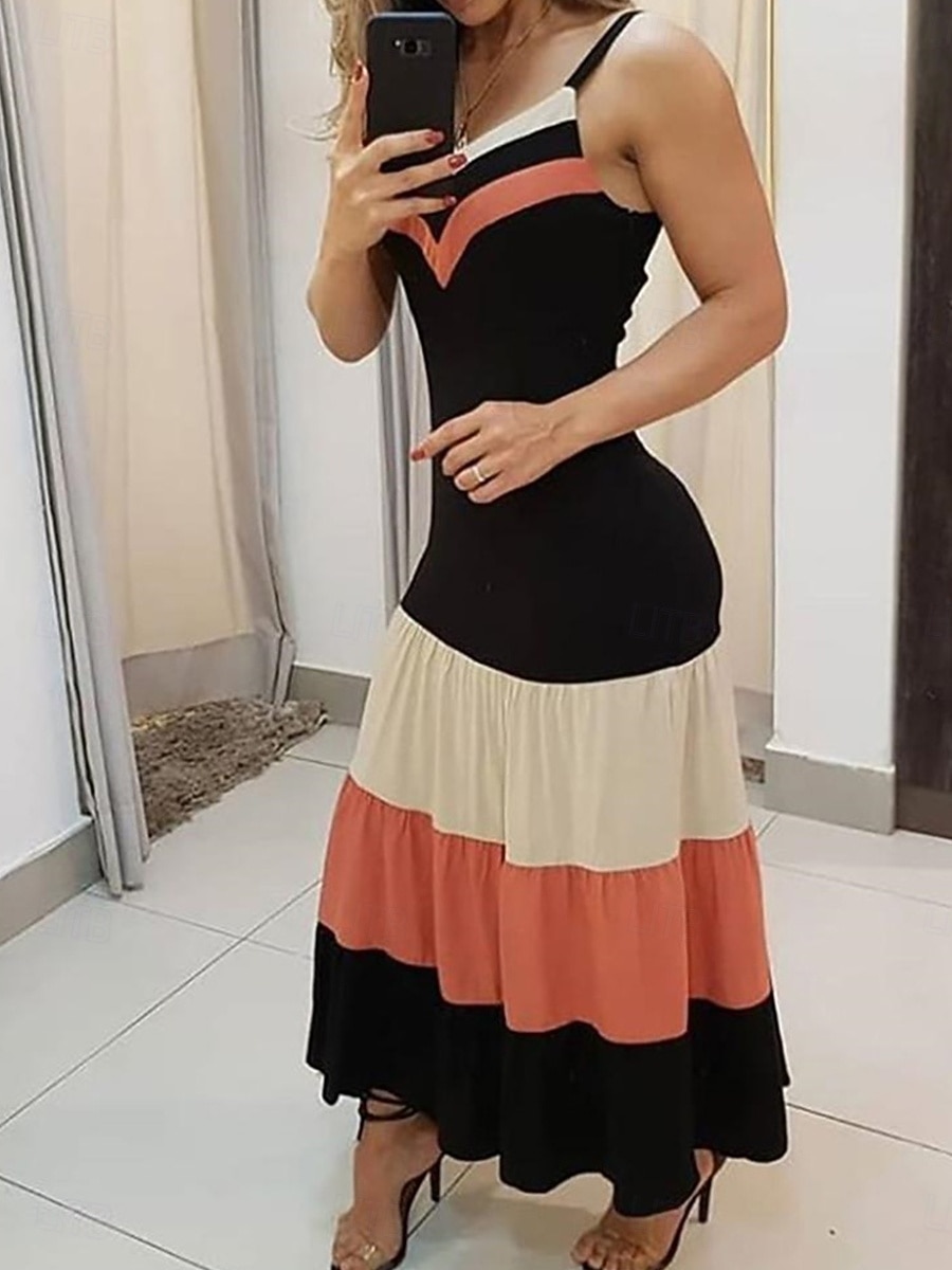 Pentru femei Normal Rochie Maxi Rochie eleganta Sexy Zilnic Dată Fit regulat Dunga Fără manșon Cu Bretele Negru Primăvară 2025 - $33.99 –P4