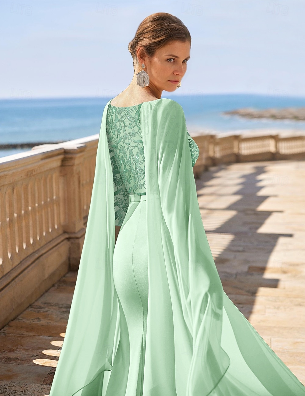 Grønn Kjole  Kolonne Blomster Elegant Kveldskjole Strand Bryllup Høy Splitt V-Hals Gulvlengde Chiffon 3/4 Lengde Ermer med Blonde Solid Farge 2025 - $141.99 –P2