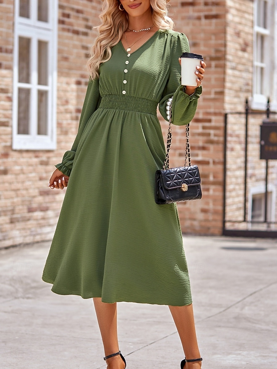 Damen Midikleid Casual kleid A Linie Kleid Stilvoll Basic Brautkleider schlicht Urlaub Täglich Regular Fit Glatt Langarm V Ausschnitt Schwarz Armeegrün Sommer Frühling 2025 - $38.99 –P10