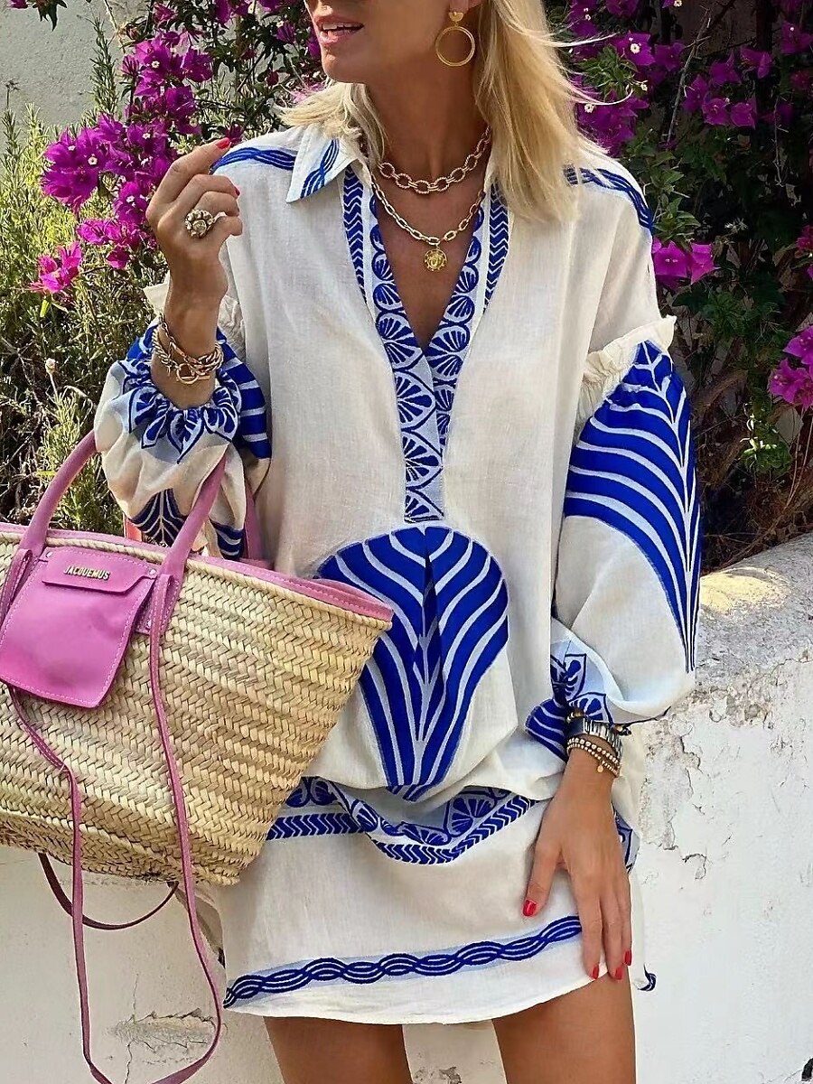 Pentru femei Rochie Mini Rochii Tip Cămașă Rochie casual Casual Zilnic Fit regulat Geometric Manșon Lung Guler Cămașă Negru Albastru piscină Trifoi Vară Primăvară Toamnă 2025 - $35.99 –P1