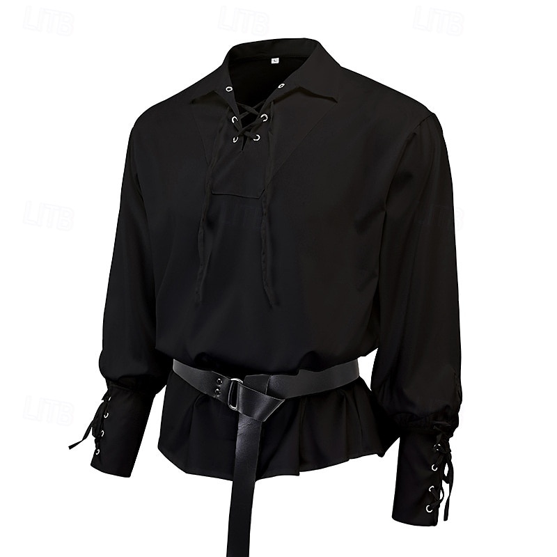 Medieval Renaissance 17th Century Medium Length Blouse / Shirt Cosplay Costume Ren Faire Knight Ritter Celtic Knight Drawstring Solid Color Men's Celtic Pirate Masquerade Casual Daily Renaissance Fair 2025 - $26.99 –P7