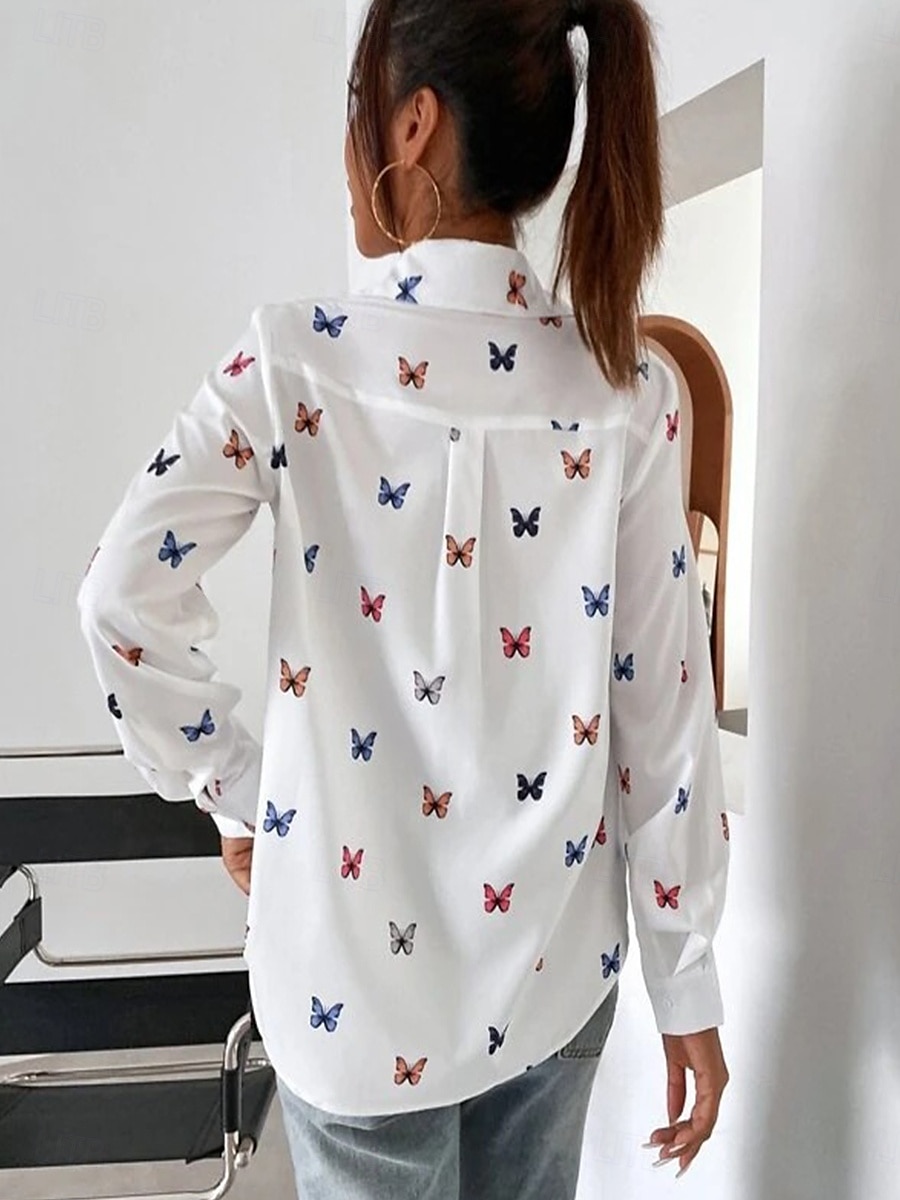 Per donna Camicia Farfalla Manica lunga Colletto Top regolari Collage Bianco Primavera & Autunno del 2025 a $27.99 –P4
