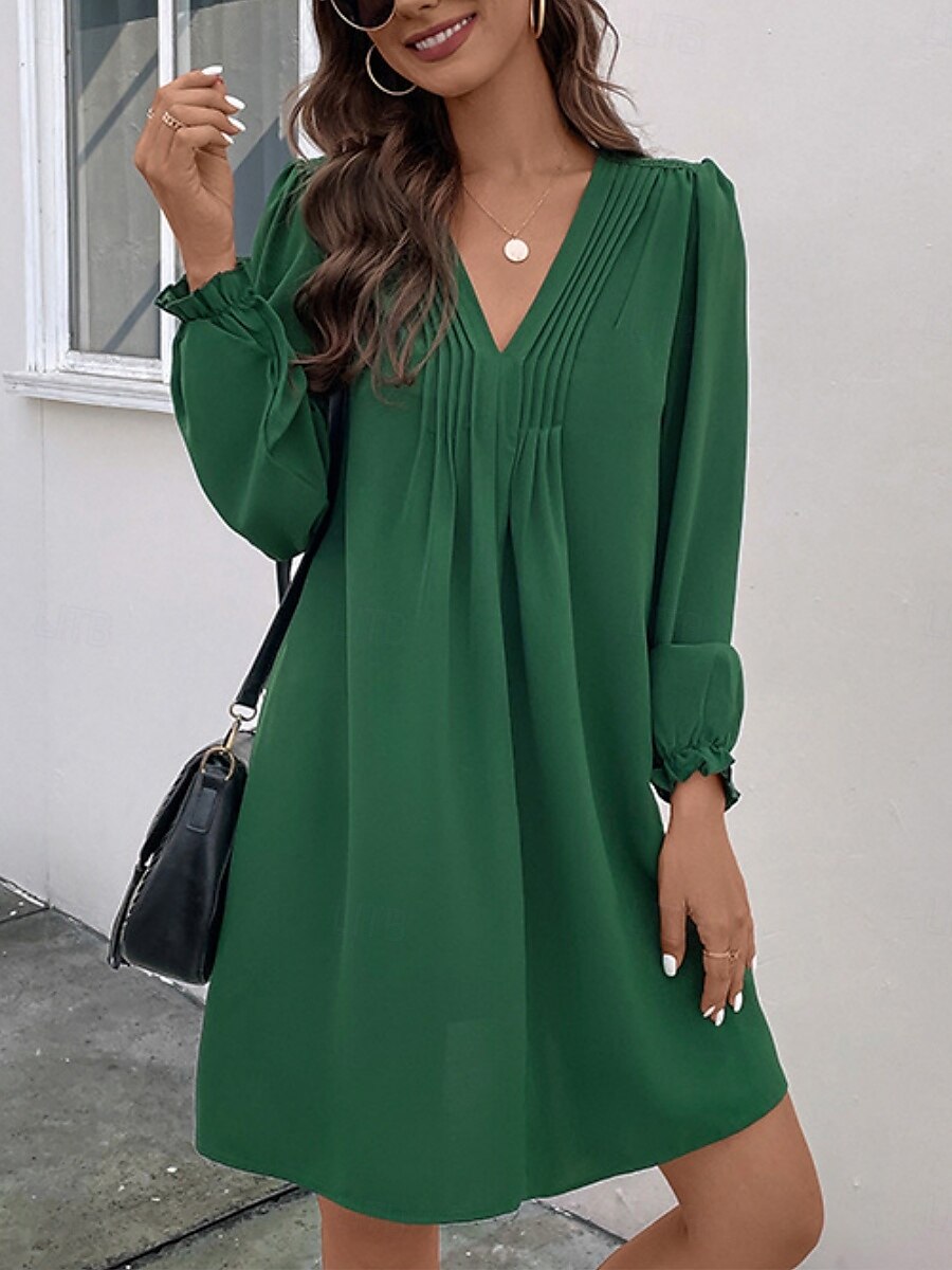 Women's Casual Dress Mini Dress Ruched Casual V Neck Long Sleeve Green Color 2025 - $41.99 –P5