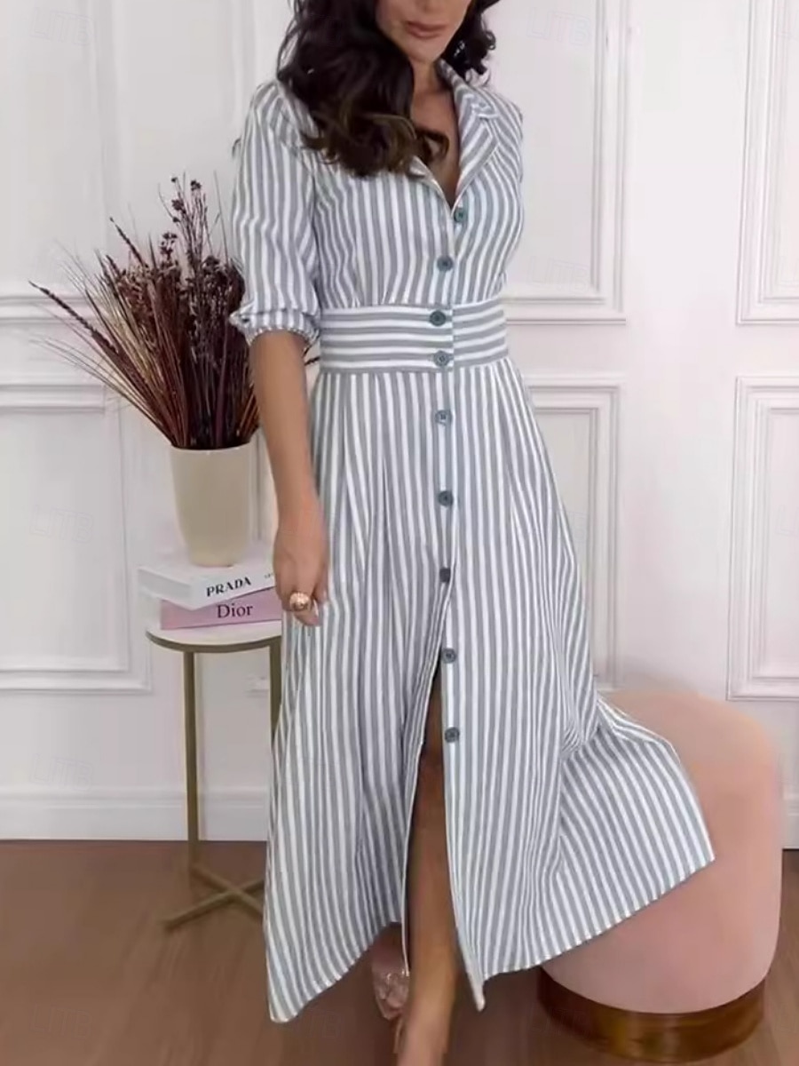 dames gestreepte overhemdkraag maxi-jurk 3/4 mouw zomer lente 2025 - $42.99 –P1