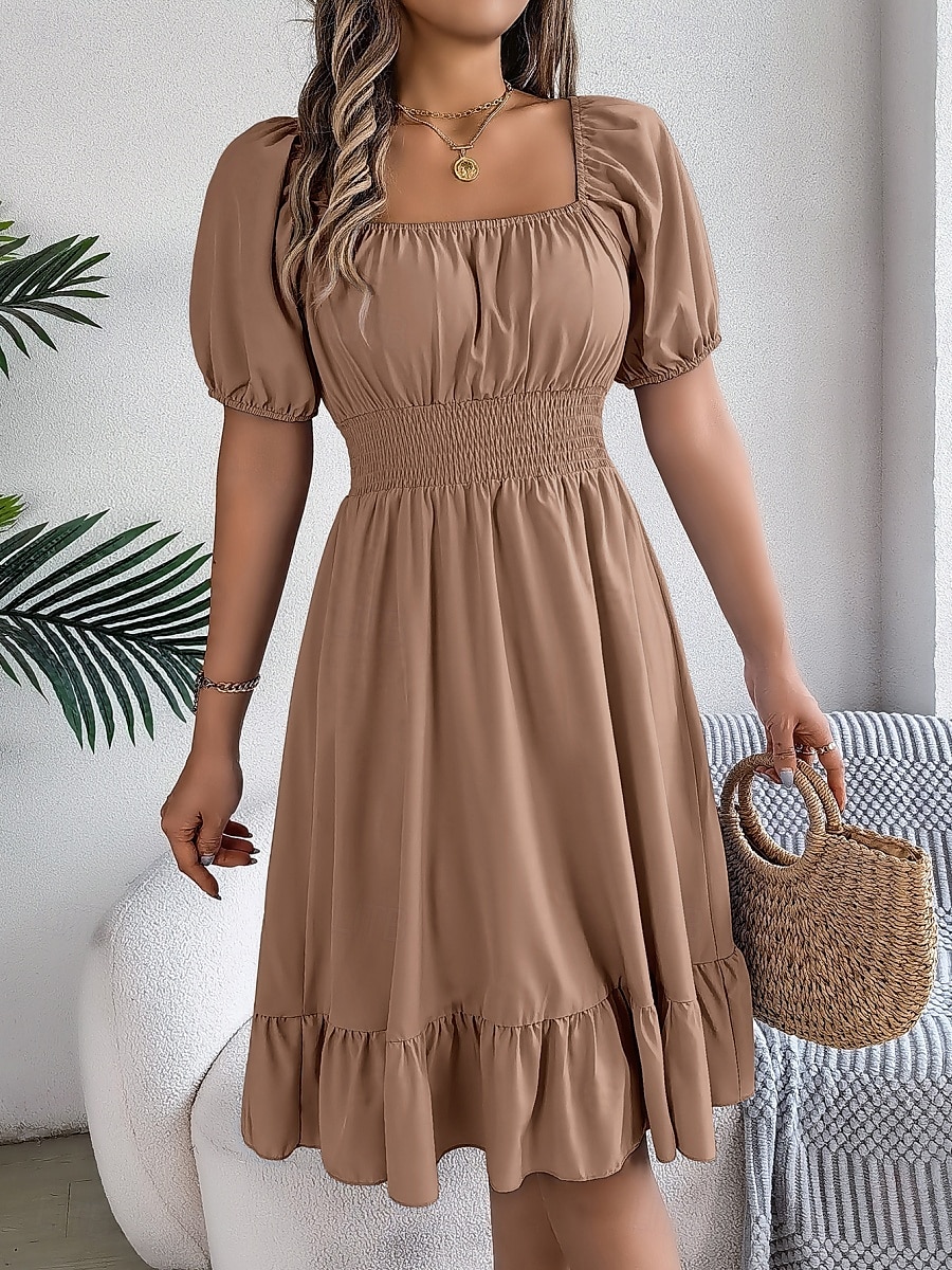 Per donna Mini abito Abito casual Abito linea A Abito da lattaia Moda Essenziale Informale Da mare Giornaliero Standard Liscio Manica corta Squadrata Cachi Azzurro Estate Primavera del 2025 a $31.99 –P7