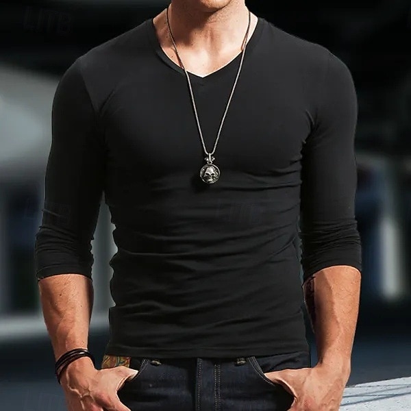 Herren T-Shirt Langarmshirt Langarm V Ausschnitt Frühling & Herbst Einfach Mode Designer Sexy Urlaub Straße Ausgehen Schwarz Weiß Wein Top T-Shirt für Herren 2025 - $15.49 –P2