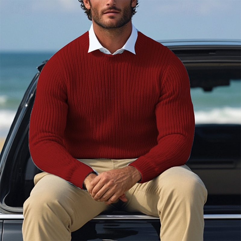Homme Chandails de Noël Pull Chandail Pull Gauffré Tricoter Style classique Couleur unie Col Ras du Cou Noël Elégant Formel Intérieur Vêtement Tenue Bouffantes Automne Hiver Vin Potiron S M L de 2025 ? $26.99 –P1