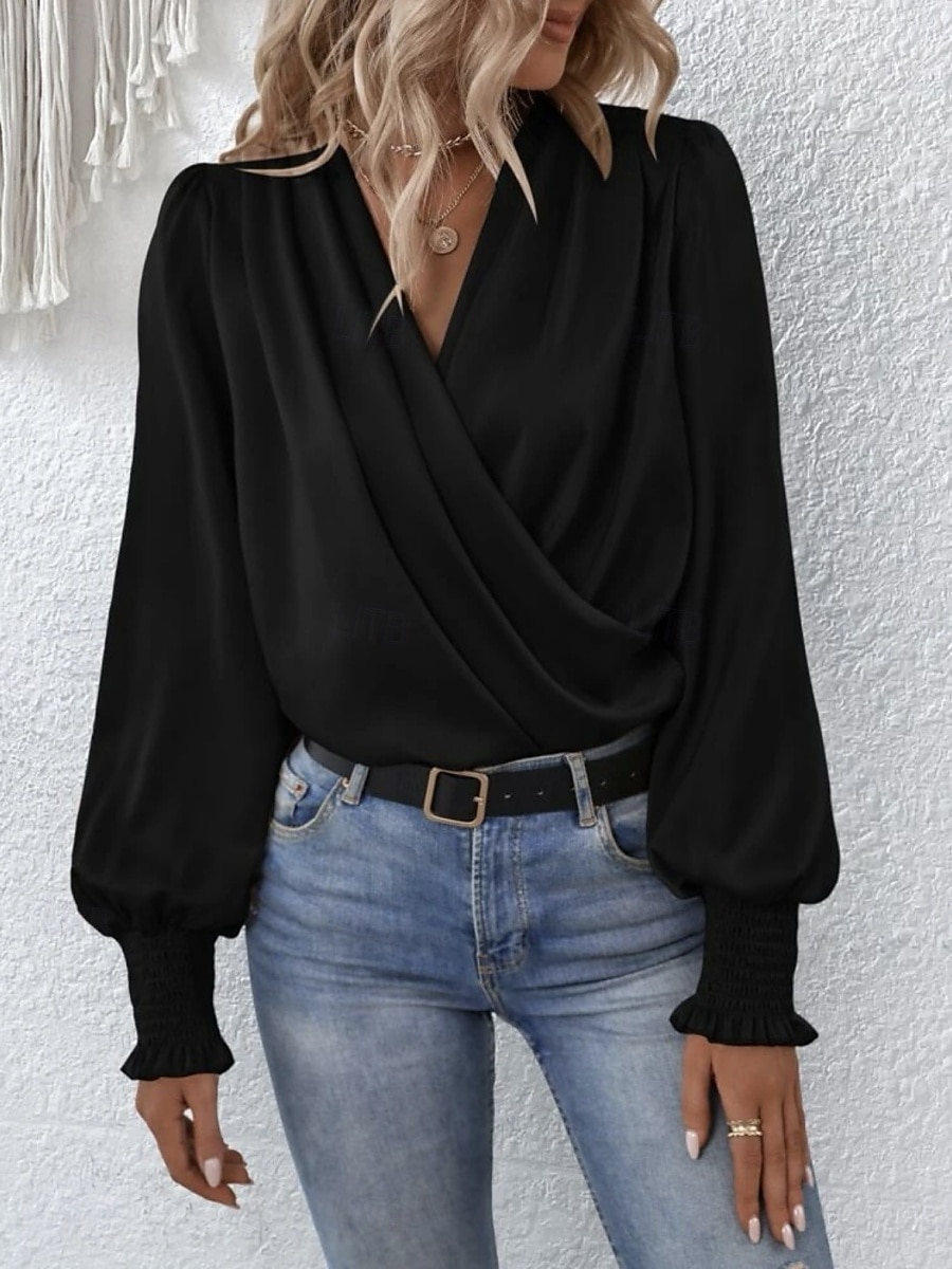 Dames Overhemd Blouse Effen Kleur Zakelijk Modern Casual Lange mouw V-hals Normale tops Werk Formele kleding Met ruches Zwart Blozend Roze Zomer Lente 2025 - $29.99 –P6