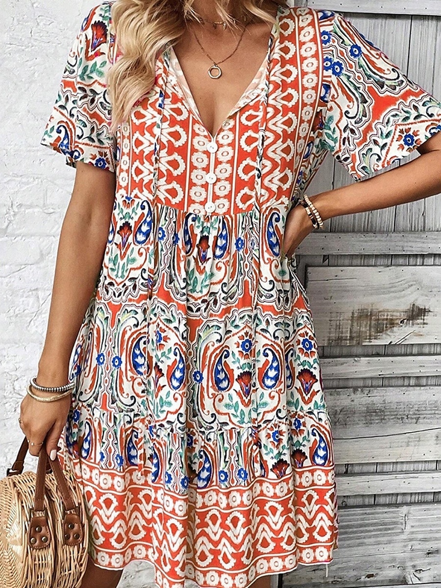 Női Mini ruha hétköznapi ruha Boho elegáns ruhák Boho ruha Csehország aranyos stílus Etno Vakáció Napi Tengerpart Laza öltözet Virágos Grafika Rövid ujjú V-alakú Medence Narancssárga Nyár Tavasz 2025 - $28.99 –P4
