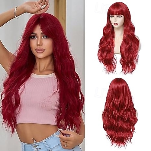 parrucca lunga ondulata con frangia per donna parrucca riccia ondulata con frangia parrucca in fibra sintetica resistente al calore dall'aspetto naturale per l'uso quotidiano alle feste del 2025 a $19.49 –P3