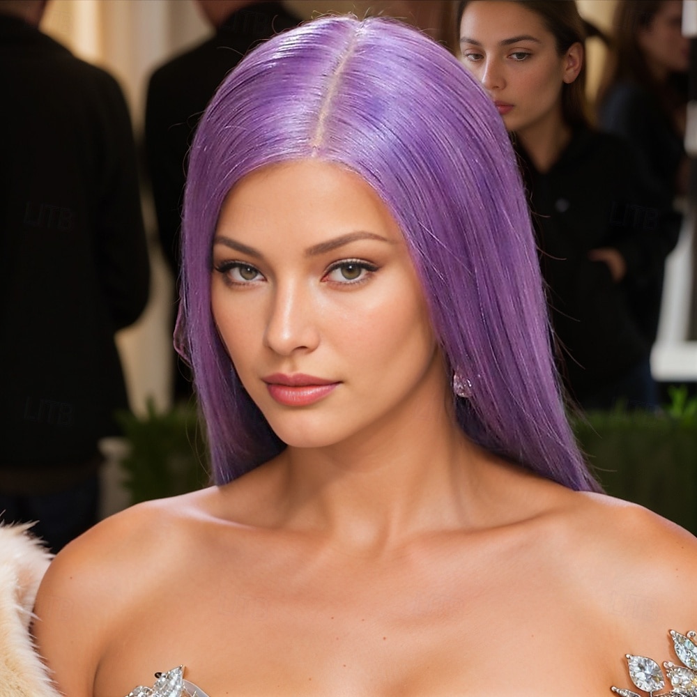 kylie jenner geïnspireerde pruiken synthetische pruik rechte middenscheiding pruik lang paars synthetisch haar dames modieus design zacht natuurlijk paars 2025 - $19.49 –P2