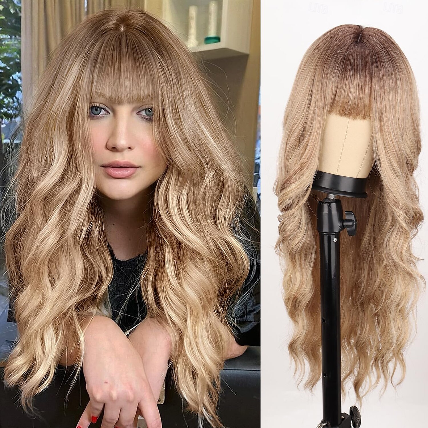 perruque avec frange perruques longues ondulées avec racine foncée perruques de cheveux synthétiques résistantes à la chaleur d'aspect naturel pour femmes utilisation quotidienne de fête vacances de 2025 ? $19.99 –P1