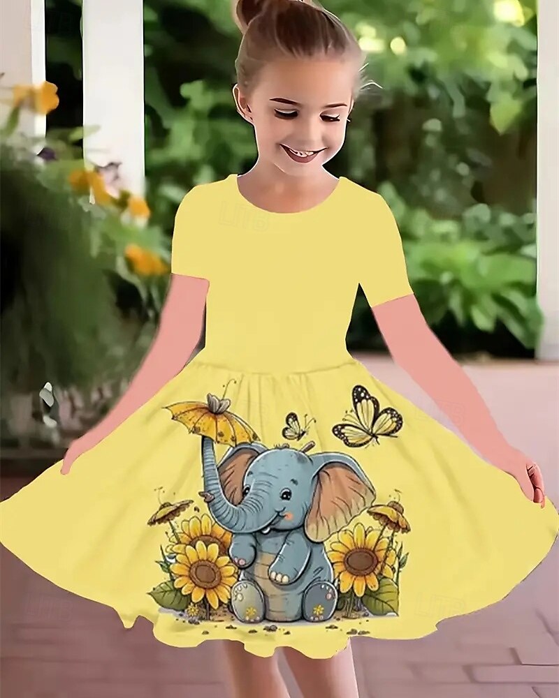 Tyttöjen 3D Kuvitettu Elefantti Mekko Lyhythihainen Kesä Kevät Loma Päivittäin Pyhäpäivä Prinsessa Kaunis Makea Lapset 4-12 vuotta Rento mekko A linjainen mekko Polvipituinen Normaali 2025 - $15.99 –P1