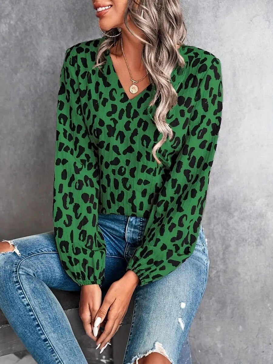 Dame Skjorte Bluse Leopard Fritid Langermet V-hals Vanlige topper Daglig Trykt mønster Svart Hvit Grønn Høst Vinter 2025 - $26.99 –P2