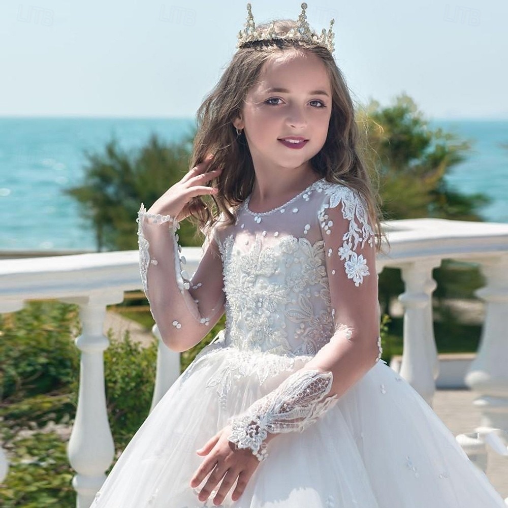 kinderkleidung Mädchen Kleid für die Erstkommunion Party Kleid Feste Farbe Ärmellos Langarm Leistung Hochzeit Party Gitter Prinzessin Süß Gitter Mitte der Wade Etuikleid Tüll-Kleid Sommer Frühling 2025 - $103.99 –P3