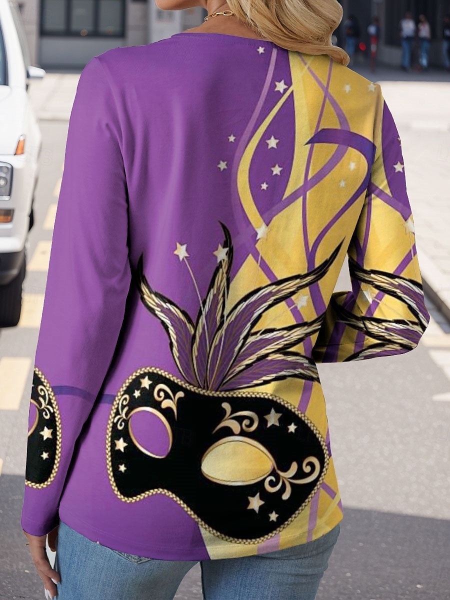Mardi Gras Mujer Camiseta Graphic Casual Manga Larga Escote en Pico Tops regulares Diario Estampado Morado Primavera Otoño 2025 - $21.99 –P2