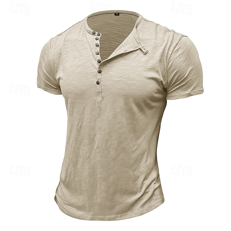 100%Cotton Men's T Shirt Henley Shirt Tee Short Sleeve Shirt Tee Top Plain Vintage Designer Basic Button Up Henley Vacation Street Casual Daily Spring Summer Black White Light Green Henley T-Shirt 2025 - $20.99 –P12
