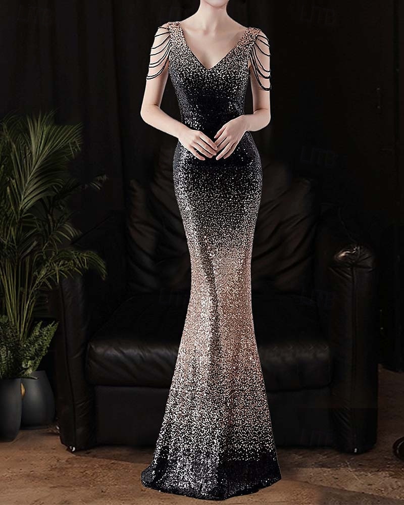 Robe de Prom Sirène  Trompette Sequin Robe de Soirée Ombre Cocktail Formelle Longue au Sol Sans Manches Col en V avec Perles Sequin de 2025 ? $79.99 –P1