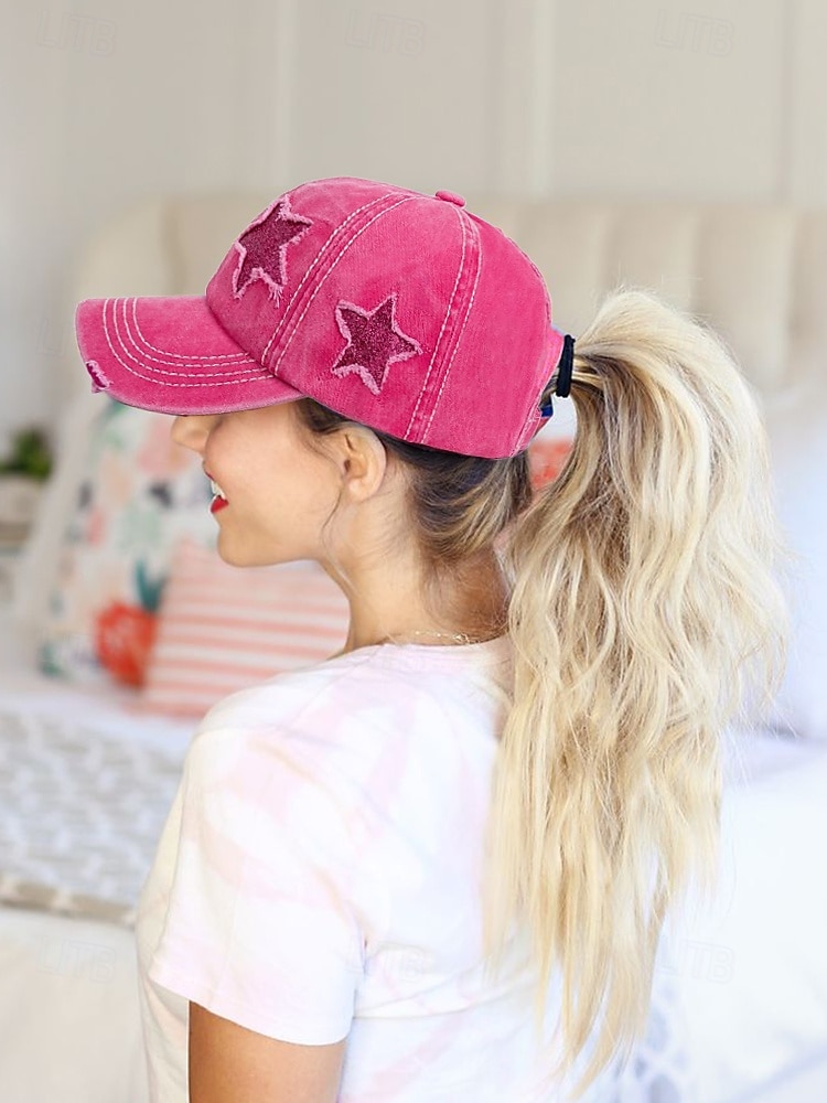 distressed baseballcaps for kvinner med stjernebroderi, hestehale-hulldesign, justerbar hatt i vintagestil for utendørsaktiviteter, sport og fritidsklær 2025 - $11.99 –P2